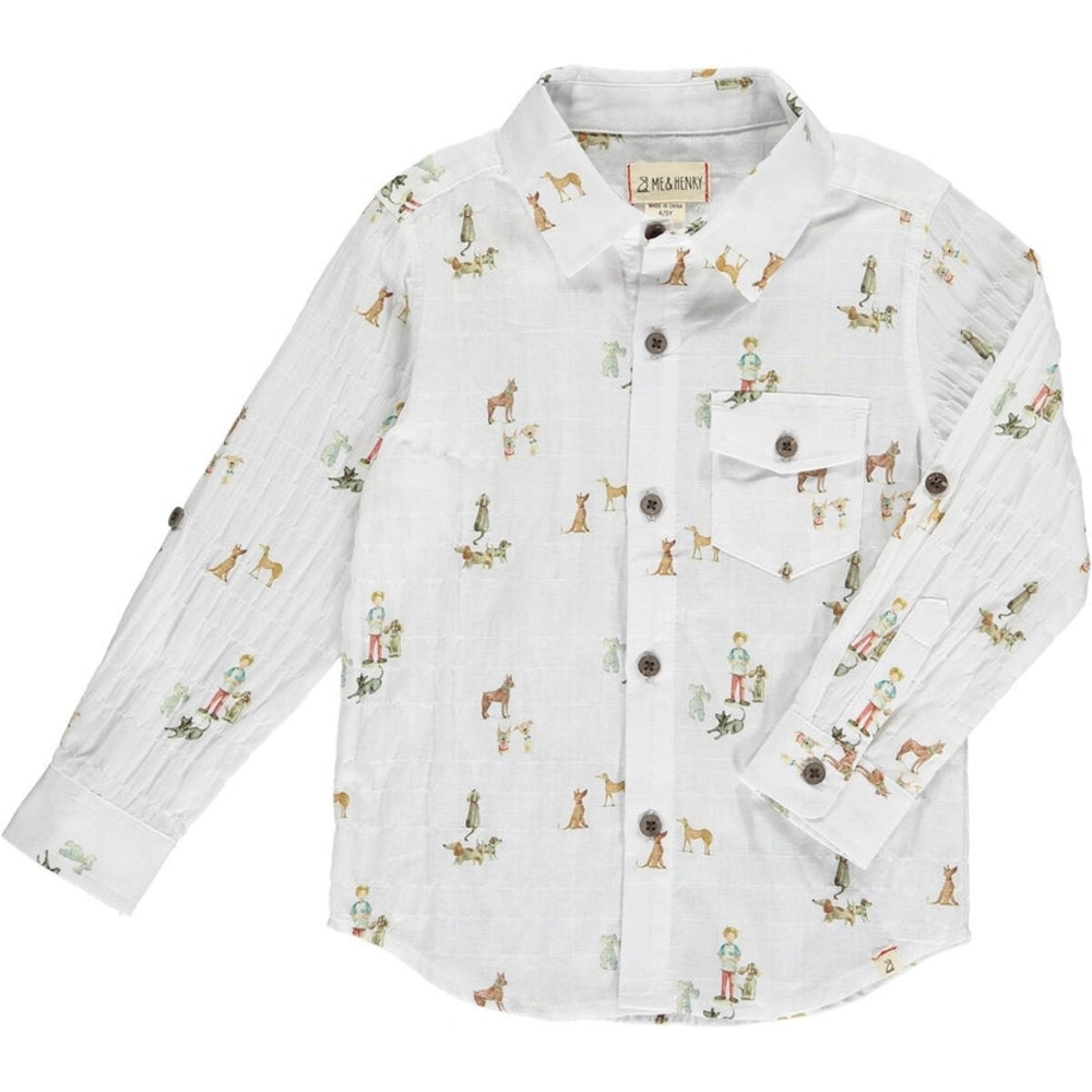 Me & Henry White dog Printed button up Shirt Boys New